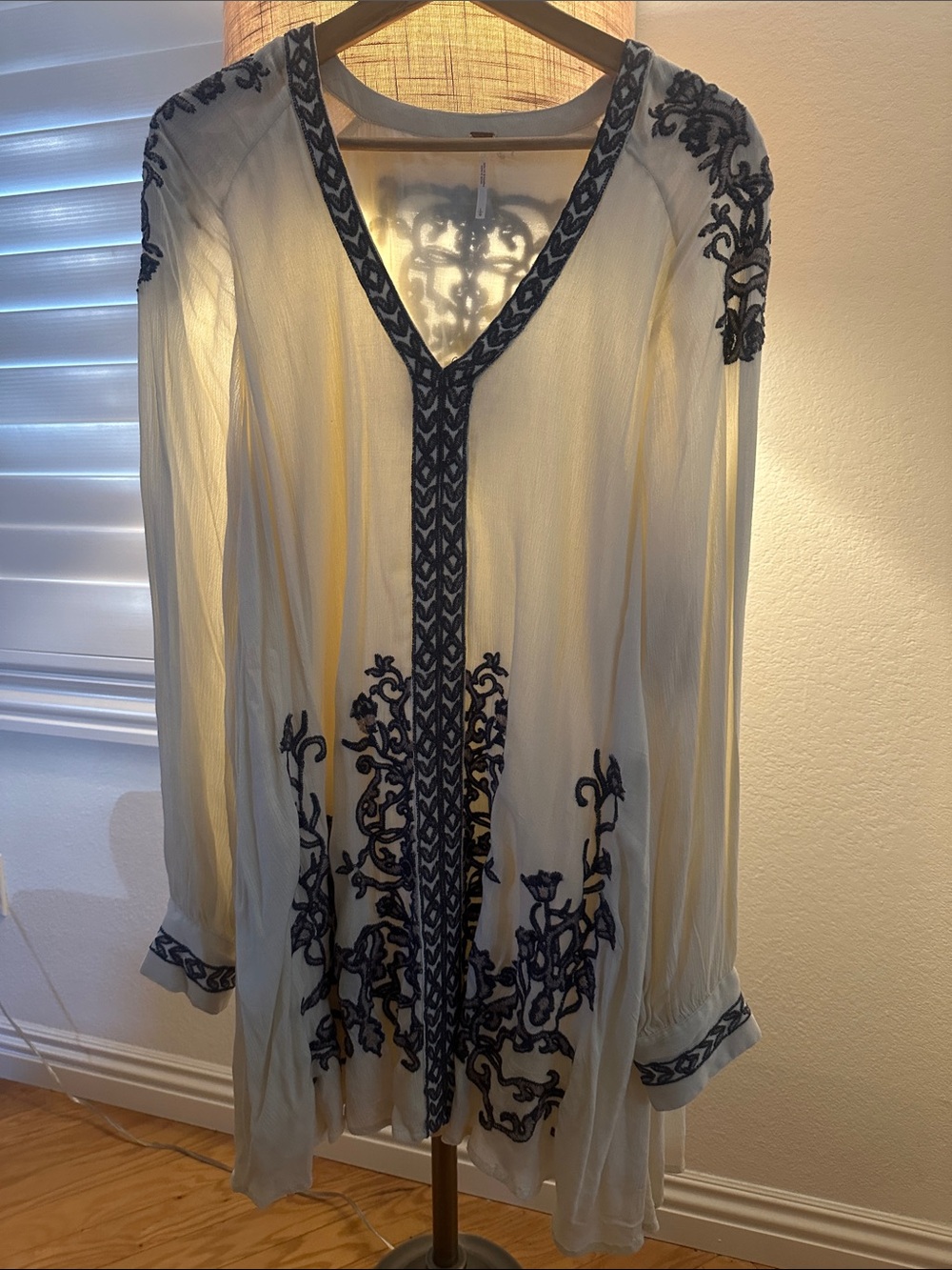 Free People Cream Sheer Tunic with Lavender Embroidery